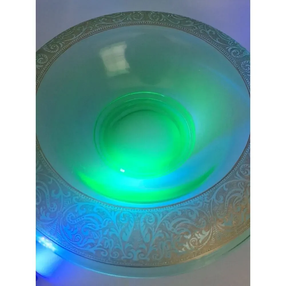 Lancaster Deco Brocade Green Uranium Glass Console Bowl 11” 1930s Gold Etching